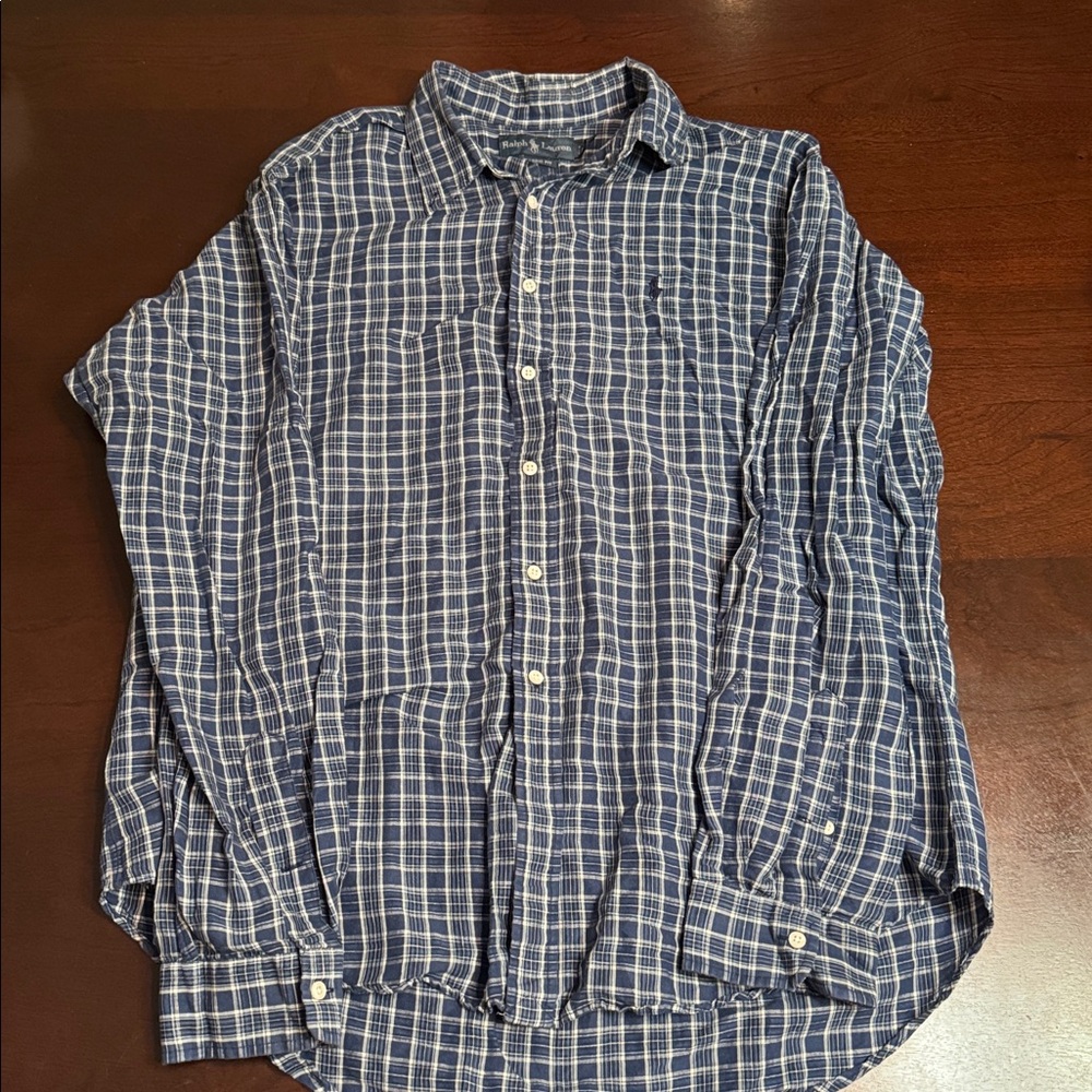 Ralph Lauren Blue and White Plaid Casual Button Down Shirt